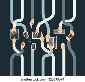 Flat design vector illustration of hands holding and using computer and communication devices. Business meeting