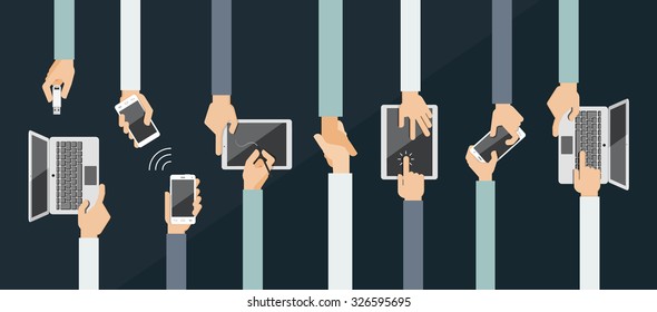 Flat design vector illustration of hands holding and using computer and communication devices. 