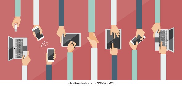 Flat design vector illustration of hands holding and using computer and communication devices. Business meeting
