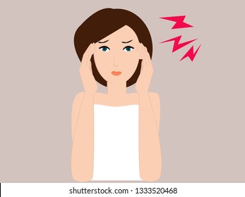 Flat design vector illustration. Health And Pain. Stressed Exhausted Young woman Having Strong Tension Headache.