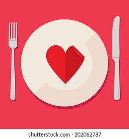 Flat design vector illustration of heart on plate, knife and fork. Concept for pleasure of eating, for restaurant menu, banner, printed advertisement materials. Isolated on bright background