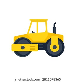A flat design vector illustration of a heavy double drum road roller machine for asphalt compaction. Construction machinery isolated on a white background.