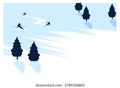 Flat design vector illustration with a high angle aerial view of skiers sliding down a wide snowy mountain slope with pine trees. Clean winter sport background concept for alpine resort banners, travel posters, and active lifestyle designs.