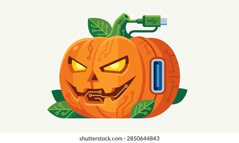 A flat design vector illustration of a high-tech Halloween pumpkin featuring circuit board textures, a glowing carved face, and a hardware connector stem. The orange jack-o-lantern includes integrated electronic components and data ports, representing a fusion of traditional holiday decor and modern technology.