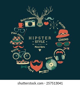 Flat design vector illustration of hipster style. Retro color.