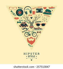 Flat design vector illustration of hipster style. Retro color.