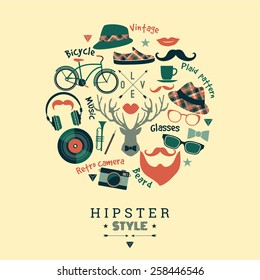 Flat design vector illustration of hipster style. Retro color.