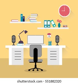Flat design vector illustration of home office interior with notebook  Vector illustration of workplace.