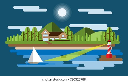 Flat design vector illustration of a house front of mountain in nature near a lighthouse
 and sailboat sailing on calm waters under the full moon and cloud.