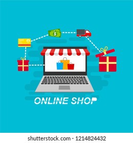 Flat design vector illustration icons of e-commerce symbols, internet shopping elements and objects in retro stylish color. Isolated on colored background