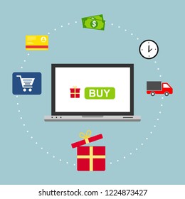 Flat design vector illustration icons of e-commerce symbols, internet shopping elements and objects in retro stylish color. Isolated on colored background