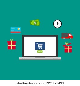 Flat design vector illustration icons of e-commerce symbols, internet shopping elements and objects in retro stylish color. Isolated on colored background