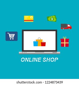 Flat design vector illustration icons of e-commerce symbols, internet shopping elements and objects in retro stylish color. Isolated on colored background