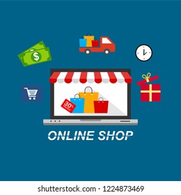 Flat design vector illustration icons of e-commerce symbols, internet shopping elements and objects in retro stylish color. Isolated on colored background