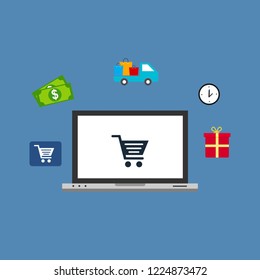 Flat design vector illustration icons of e-commerce symbols, internet shopping elements and objects in retro stylish color. Isolated on colored background