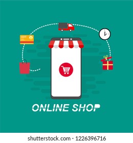 Flat design vector illustration icons of e-commerce symbols, internet shopping elements and objects in retro stylish color. Isolated on colored background