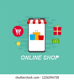 Flat design vector illustration icons of e-commerce symbols, internet shopping elements and objects in retro stylish color. Isolated on colored background