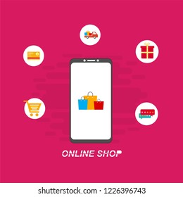Flat design vector illustration icons of e-commerce symbols, internet shopping elements and objects in retro stylish color. Isolated on colored background
