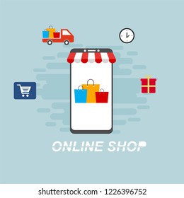 Flat design vector illustration icons of e-commerce symbols, internet shopping elements and objects in retro stylish color. Isolated on colored background