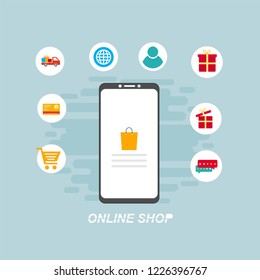 Flat design vector illustration icons of e-commerce symbols, internet shopping elements and objects in retro stylish color. Isolated on colored background
