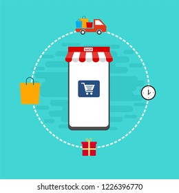 Flat design vector illustration icons of e-commerce symbols, internet shopping elements and objects in retro stylish color. Isolated on colored background