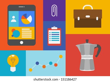 Flat design vector illustration icons of business and office objects in retro colors. Isolated on colored background