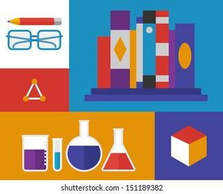 Flat design vector illustration icons of chemistry materials and elements. Isolated on retro colored background