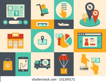 Flat design vector illustration icons of e-commerce symbols, internet shopping elements and online banking objects in retro stylish color. Isolated on colored background