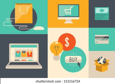 Flat design vector illustration icons of e-commerce symbols, internet shopping elements and objects in retro stylish color. Isolated on colored background