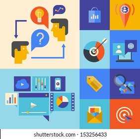 Flat design vector illustration icons set of website marketing product and ideas brainstorming concept in stylish colors.  Isolated on colored background