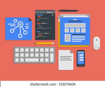 Flat design vector illustration icons set of modern office workflow for web programming and mobile development process in stylish colors. Isolated on red background