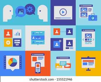 Flat design vector illustration icons set of web presentation product and user interface elements in stylish colors. Isolated on colored background