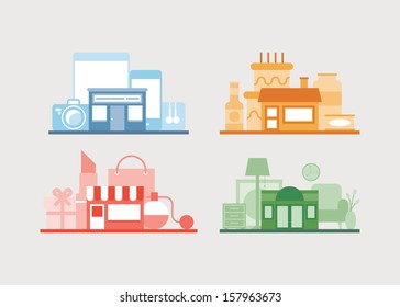 Flat design vector illustration icons set of modern e-store, shop of furniture, shop of gifts and cafe for relaxing after buying. Isolated on white background. 