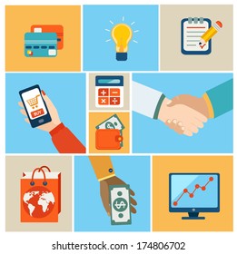 Flat design vector illustration icons of e-commerce symbols. Vector.