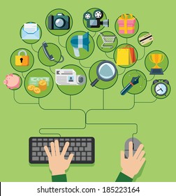 Flat design vector illustration icons set for web and mobile phone services. Shoping, social media, pay per click, internet advertising icons and widgets. 