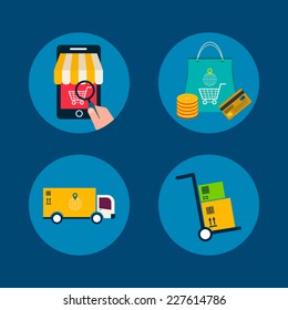 Flat design vector illustration icons of e-commerce symbols and internet shopping elements