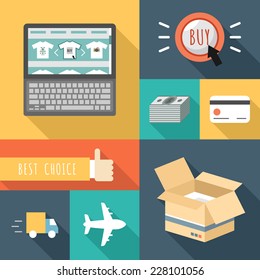 Flat design vector illustration icons of e-commerce, internet shopping, basket, sale, best choice elements and objects