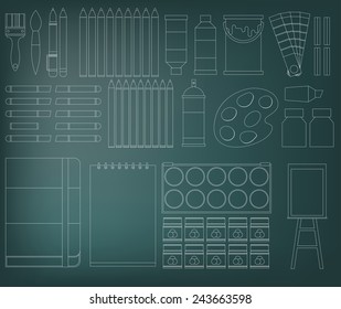  flat design vector illustration icons set of art supplies, art instruments for painting, drawing, sketching isolated on bright stylish background