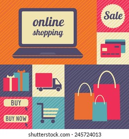 Flat design vector illustration icons of online shopping elements on colored background 