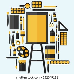 flat design vector illustration icons set of art supplies, art instruments for painting, drawing, sketching