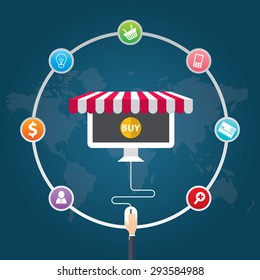 Flat design vector illustration icons of e-commerce symbols, marketing, online shopping