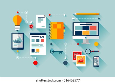 Flaches Design, Vektorgrafik-Symbole Set von Infografik Konzept Strategie in der Wirtschaft. Die Beziehung und Kommunikation durch Technologie, die Übertragung von Ideen im Internet.