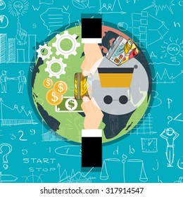 Flat design vector illustration icons of e-commerce symbols, internet shopping elements
