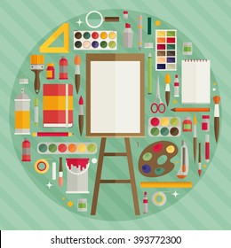 flat design vector illustration icons set of art supplies, art instruments for painting, drawing, sketching