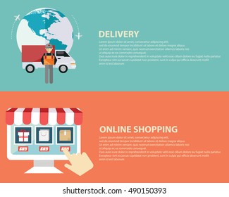 Flat design vector illustration icons of e-commerce symbols, internet shopping elements and objects in retro stylish color. Web banner.