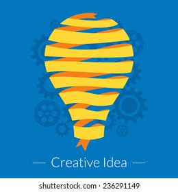 Flat design vector illustration. Idea concept. Lamp made of yellow ribbon on gears background