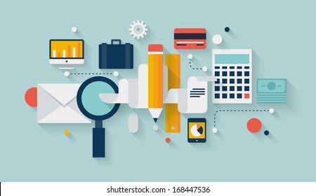 Diseño plano, concepto infográfico vectorial con iconos conjunto de elementos de trabajo empresariales modernos, objetos de documentación financiera y planificación financiera para el proyecto de negocio de desarrollo. 