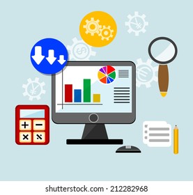Flat design vector illustration infographic concept with icons of modern business working elements, finance paperwork objects and financial planning for development business project.