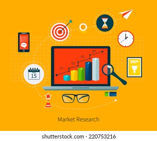 Flat design vector illustration infographic concept with icons set of modern business working elements, market research, finance paperwork objects and financial planning. 