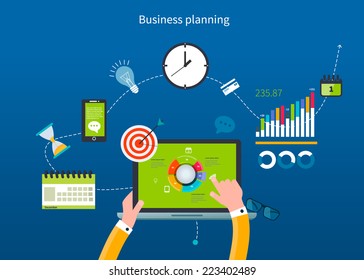 Flat design vector illustration infographic concept with icons set of modern business working elements, market research, finance paperwork objects and financial planning.